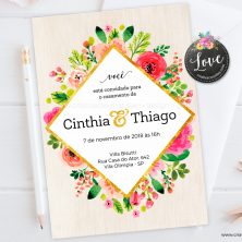 Convite de casamento madeira com floral nossas flores