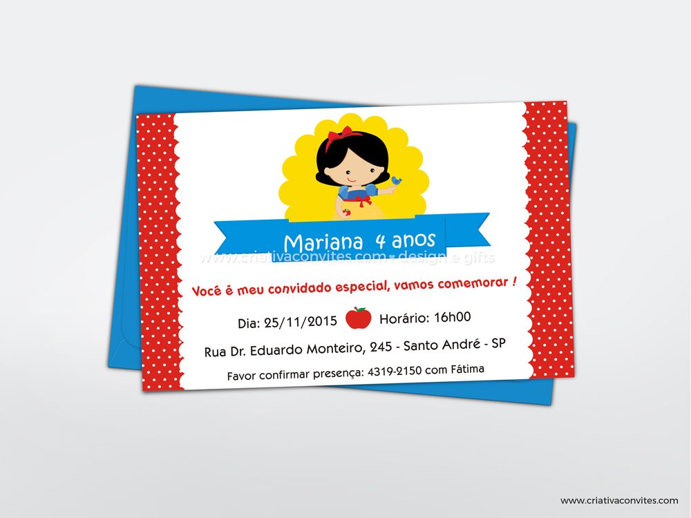 Convite infantil tema Branca de Neve