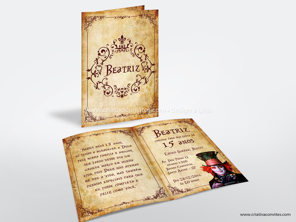 Convite para debutande e 15 anos com tema Alice no País da Maravilhas