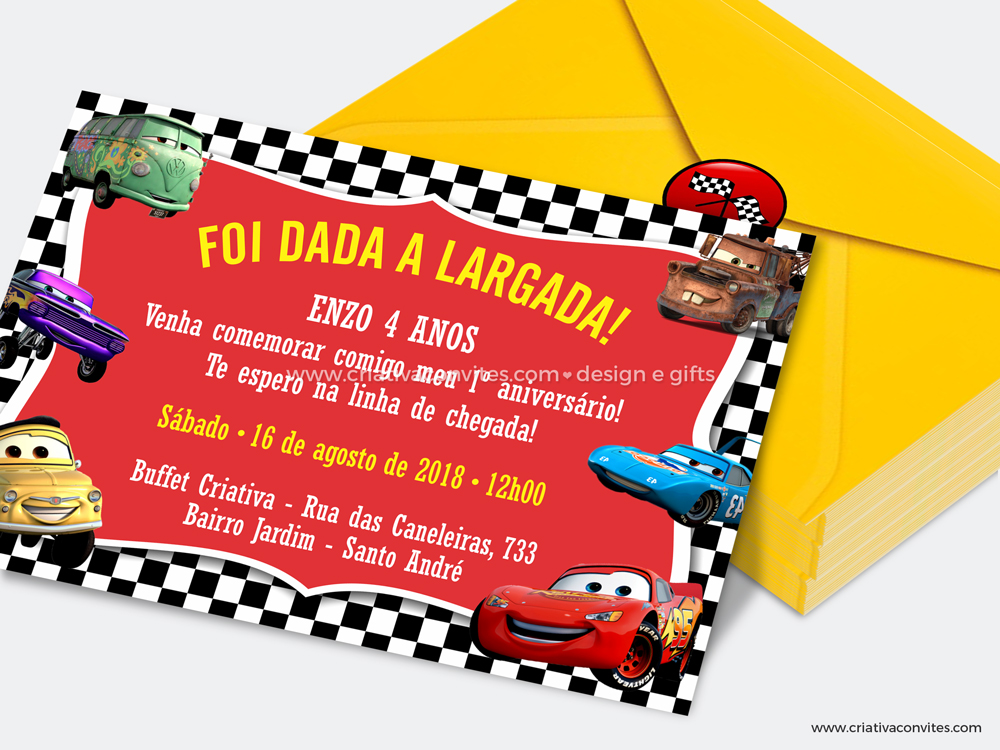 Convite aniversário infantil kids tema filme Carros