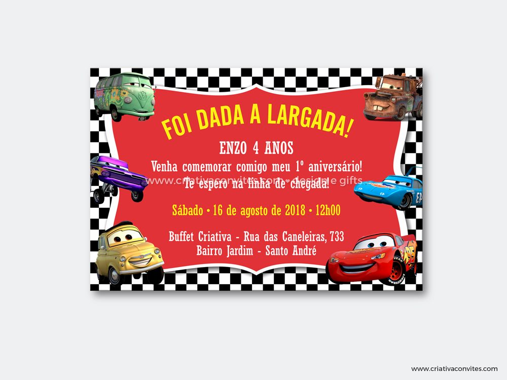 Convite aniversário infantil kids tema filme Carros