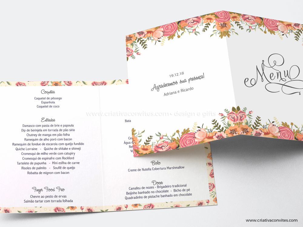 Menu para mesa de casamento floral Romance
